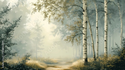 Foggy autumn woodland scene with vibrant fall colors and mist enveloping the trees, creating a peaceful and mysterious seasonal landscape.