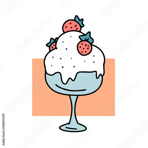 Appetizing Ice cream with strawberries in a glass cup. Sweet tasty treat in a cafe. Delicious food, summer lactic dessert. Cartoon vector illustration doodle. Drawn outline