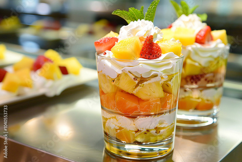 Dessert with tropical fruits and cream in a glass. Banner template for menu, food photos of restaurants, advertising of confectionery cafes with space for text photo