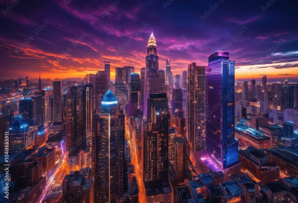 stunning high angle view vibrant city skyline illuminated dusk colors glittering lights skyscrapers dusk sky, horizon, silhouette, architecture, urban stunning high angle view vibrant city skyline illuminated dusk colors glittering lights skyscrapers dusk sky, horizon, silhouette, architecture, urban