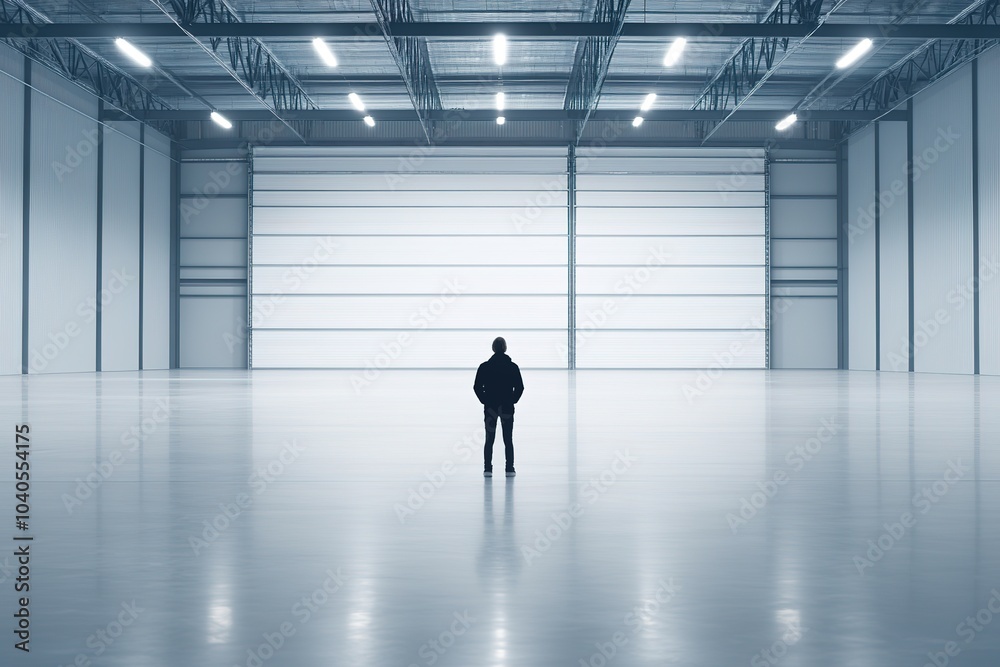 Fototapeta premium Person in vast, empty industrial space.