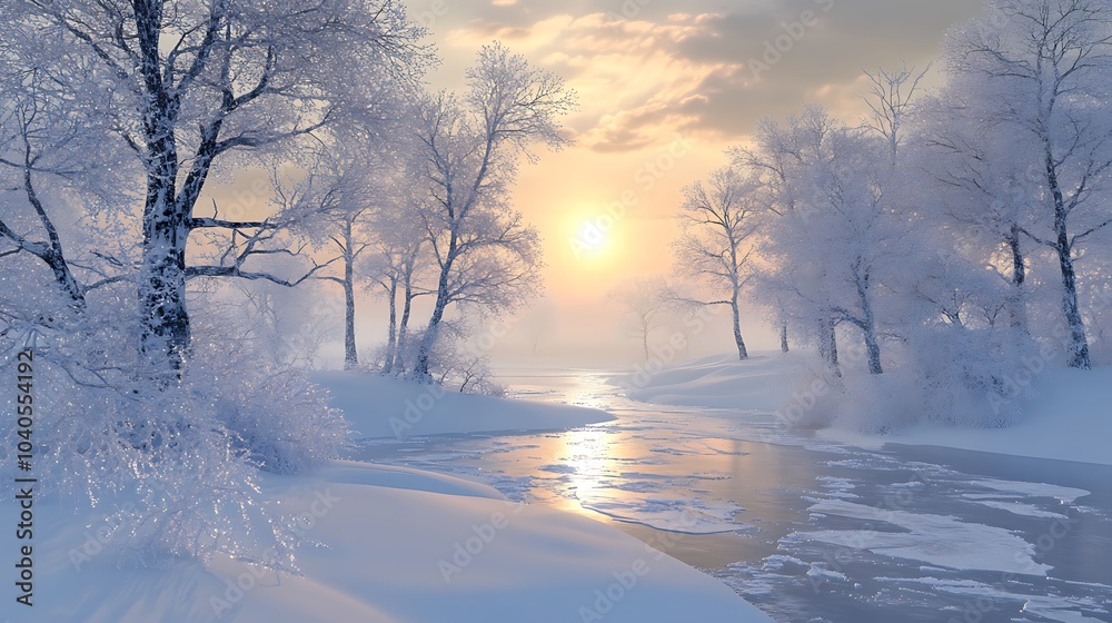 A serene snowy landscape at dawn, with frost-covered trees, a frozen river, and the first light of day breaking through the horizon A serene snowy landscape at dawn, with frost-covered trees, a frozen river, and the first light of day breaking through the horizon