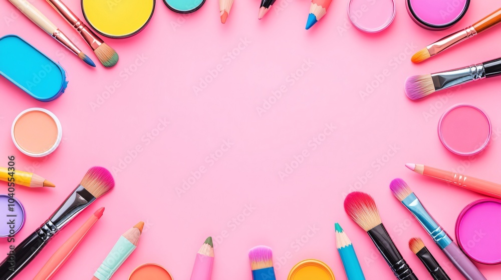 Makeup brushes and cosmetic products forming a frame on pink background Makeup brushes and cosmetic products forming a frame on pink background
