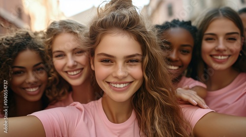 Group of cheerful young women taking a selfie together outdoors