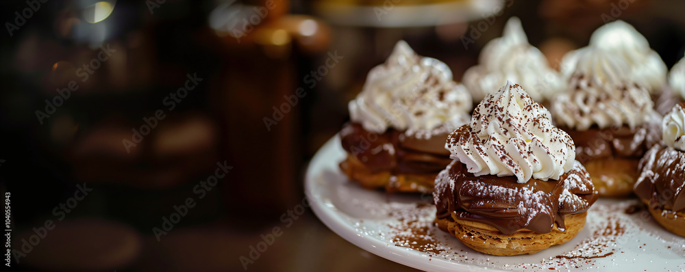 Chocolate profiterole, eclair with cream. Banner template for advertising menu, cafe and pastry shops, greeting card, festive poster for birthday with space for text Chocolate profiterole, eclair with cream. Banner template for advertising menu, cafe and pastry shops, greeting card, festive poster for birthday with space for text