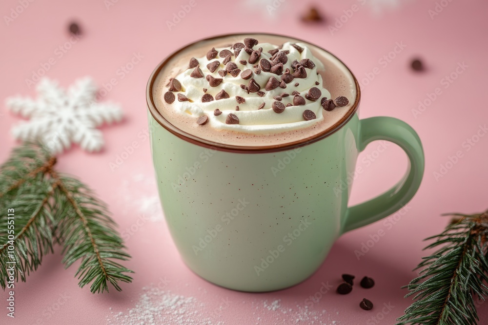 Cozy Hot Chocolate in Green Mug with Whipped Cream and Chocolate Chips on Pink Background Cozy Hot Chocolate in Green Mug with Whipped Cream and Chocolate Chips on Pink Background