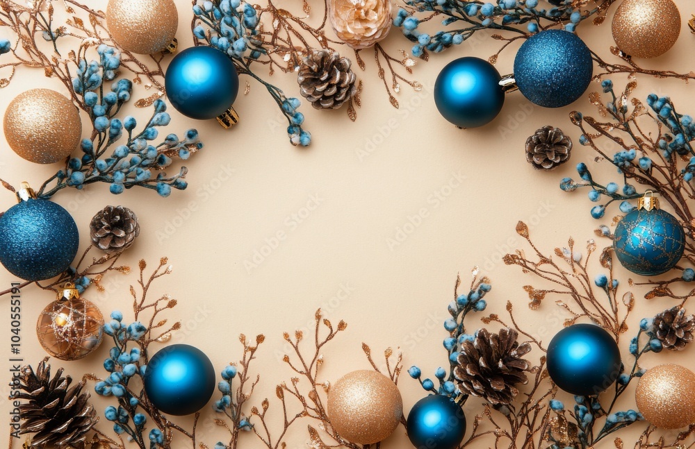 Decorative Christmas arrangement with blue and gold ornaments on a light textured background Decorative Christmas arrangement with blue and gold ornaments on a light textured background