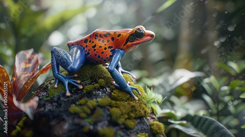 A close-up of a vividly colored poison dart frog perched on a moss-covered rock, surrounded by the rich flora of the Amazon Rainforest photo