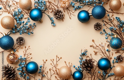 Decorative Christmas arrangement with blue and gold ornaments on a light text...