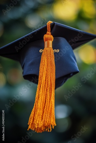 Graduating cap with golden tassel displayed outdoors against a blurred backgr...