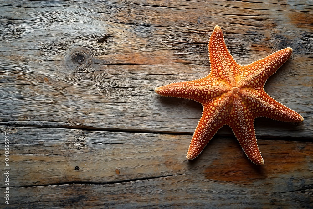 An orange starfish on a weathered wooden background. An orange starfish on a weathered wooden background.