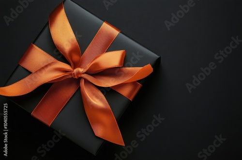 Elegant black gift box with orange ribbon on textured dark surface