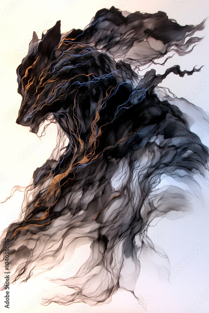 Fototapeta premium abstract ink wash with a figure enveloped in swirling black and golden blurs, suggesting mystery and elegance