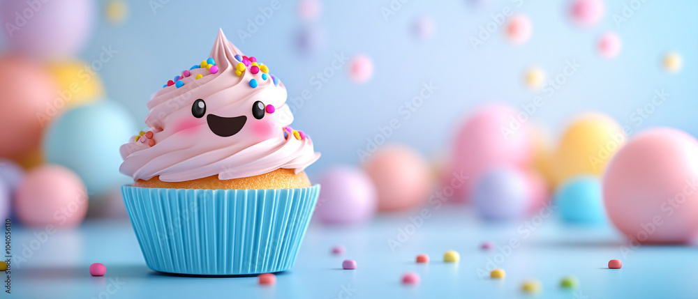 Happy Smiling Cupcake with Sprinkles and Pastel Balloons Happy Smiling Cupcake with Sprinkles and Pastel Balloons