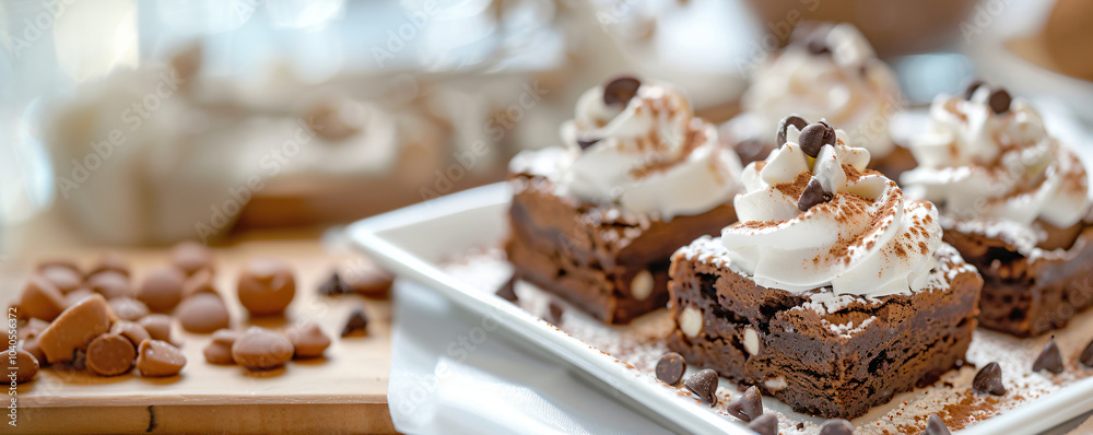 Chocolate brownie with whipped cream, beautiful serving. Banner template for advertising menu, cafe and pastry shops, greeting card, festive poster for birthday with space for text Chocolate brownie with whipped cream, beautiful serving. Banner template for advertising menu, cafe and pastry shops, greeting card, festive poster for birthday with space for text