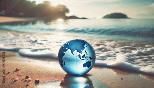 Glowing globe rests on the shoreline as waves gently touch the sand. photo