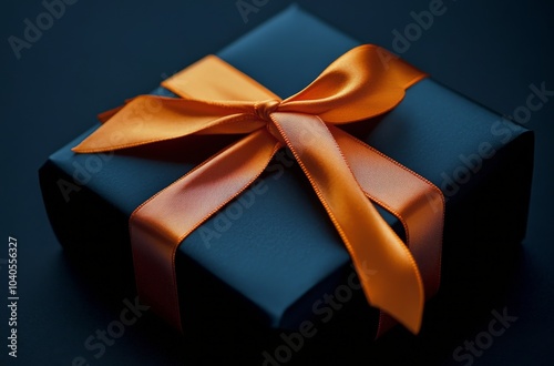 Elegant black gift box with orange ribbon on textured dark surface