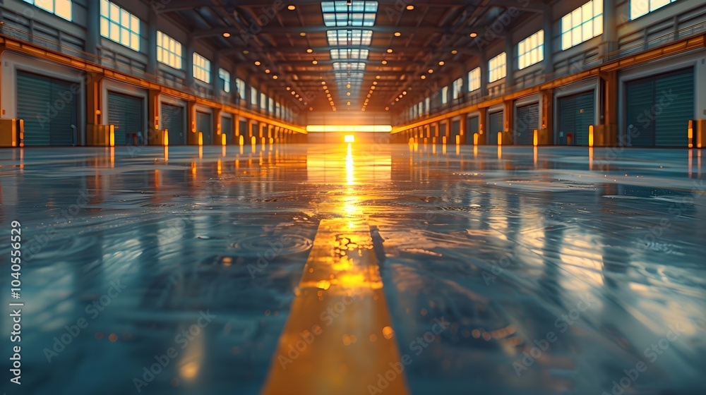 Modern industrial warehouse interior with reflective floor at sunset. Ideal for themes related to industrial architecture, logistics, warehouse operations, or modern infrastructure. 