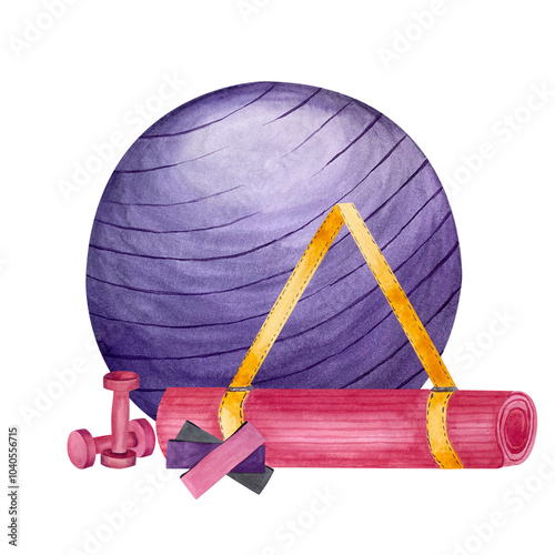 Composition with purple fit ball, pink gymnastic mat, elastic bands and dumbbells. Watercolor illustration.Can be used on booklets, postcards, corporation identity, merch, certificates, business card photo