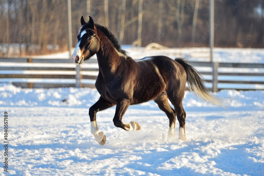 Black horse running gracefully in a snowy pasture Black horse running gracefully in a snowy pasture