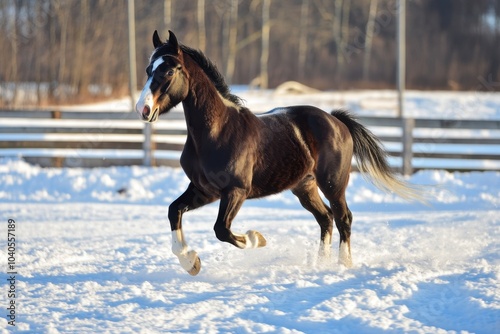 Black horse running gracefully in a snowy pasture