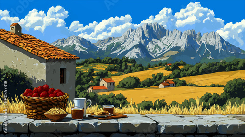 Peaceful countryside breakfast with a breathtaking view of majestic mountain peaks in the background