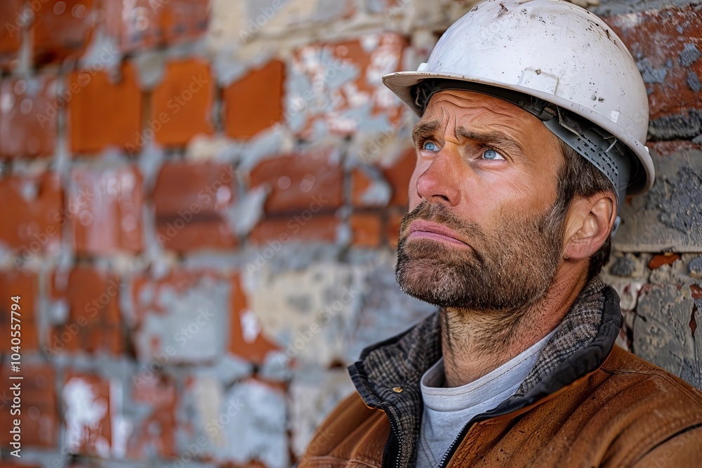 Close-Up of a Frustrated Male Construction Worker in Front of Brick Wall Close-Up of a Frustrated Male Construction Worker in Front of Brick Wall