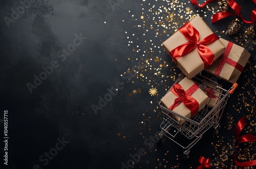 Gift boxes with red ribbons and glitter on a black table beside a shopping cart