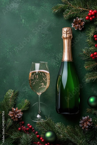 Celebratory champagne and ornaments arranged on a festive green background du...