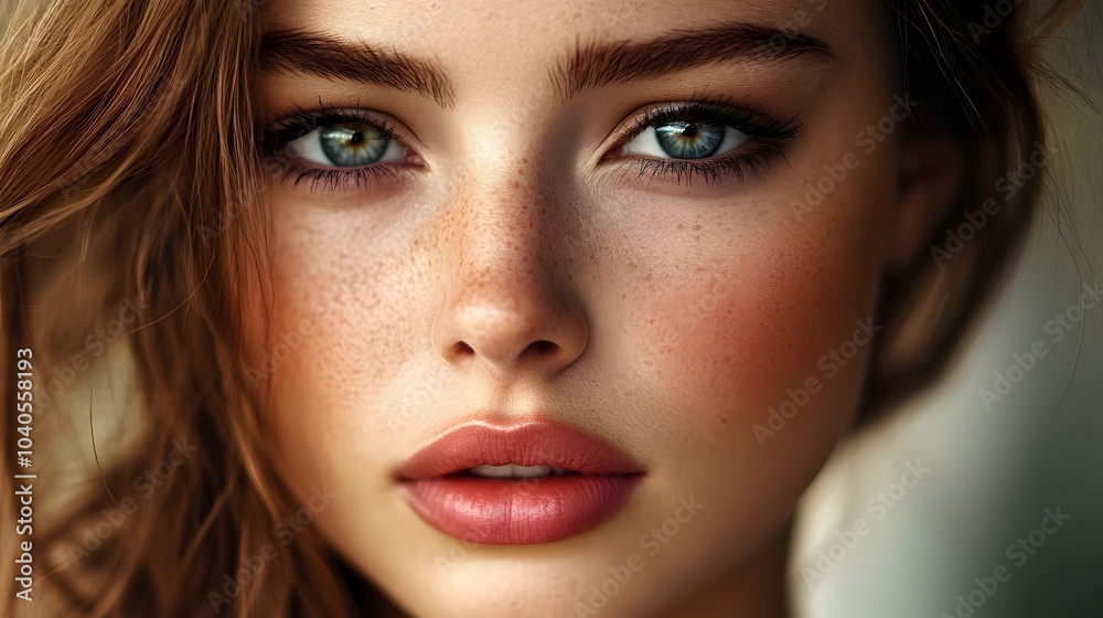Close-up of a beautiful woman with natural makeup and freckles