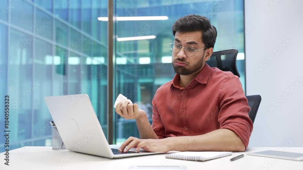 Sick businessman suffering from seasonal allergies while sitting at a workplace at a desk in a business office. Allergic man worker sneezes, feeling unwell and wipes his nose with a handkerchief Sick businessman suffering from seasonal allergies while sitting at a workplace at a desk in a business office. Allergic man worker sneezes, feeling unwell and wipes his nose with a handkerchief