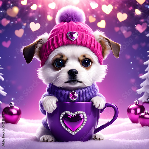 The image showcases an adorable, tiny dog nestled comfortably in a heart-shaped mug. Dressed in an opulent winter outfit of pink, purple, and silver with luxurious jewels, the pup is beautifully illum photo