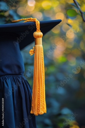 Graduating cap with golden tassel displayed outdoors against a blurred backgr...