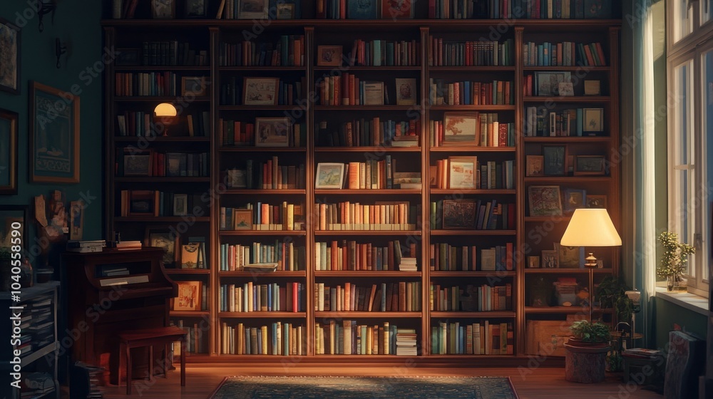 A Warmly Lit Room with a Large Bookcase Filled with Books and Pictures A Warmly Lit Room with a Large Bookcase Filled with Books and Pictures