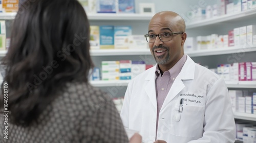 A detailed image of a pharmacist providing medication counseling to a customer in a pharmacy consultation area, with medication shelves and health information posters, Professional style