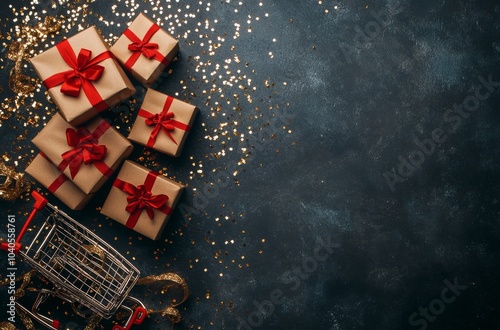 Gift boxes with red ribbons and glitter on a black table beside a shopping cart