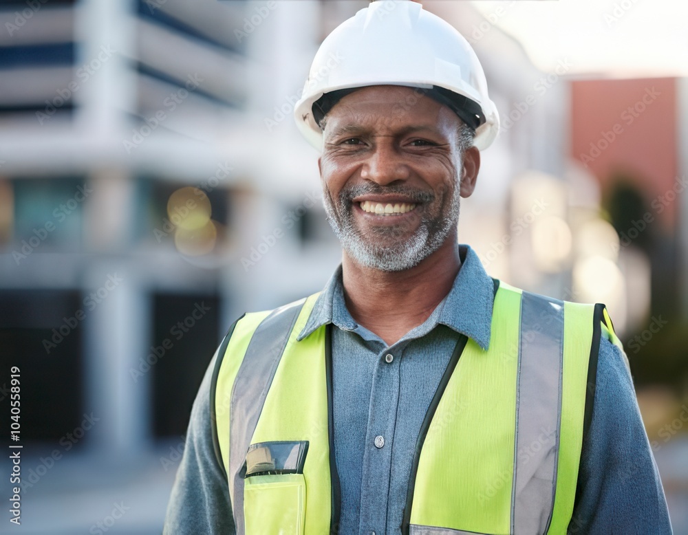 Face, architecture and black man in city in helmet, smile. Generated image Face, architecture and black man in city in helmet, smile. Generated image