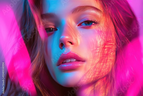 Vibrant Neon Portrait of Woman with Colorful Light Effects and Modern Aesthetic