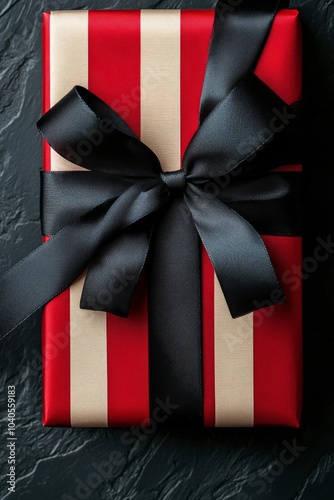 Gift wrapped in red and white stripes with black ribbon on a dark surface photo