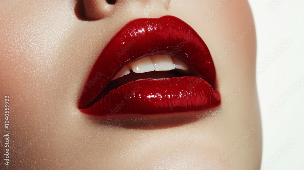 Obraz premium Close up view of a models lips featuring bold red lipstick with a glossy finish