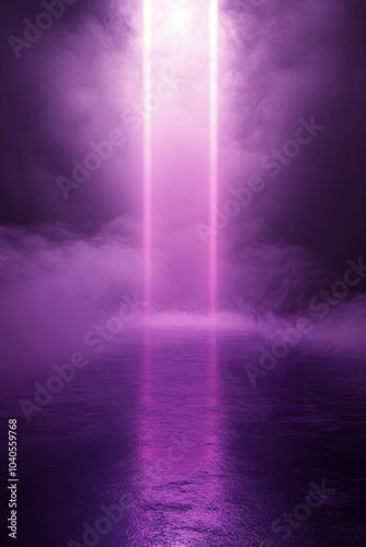 Misty purple fog illuminating a serene body of water at twilight