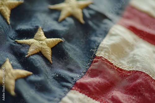 Close up view of an American flag showcasing stars and stripes with intricate...