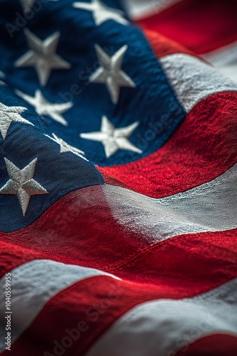 A close up view of an American flag displaying its stars and stripes on a tex...