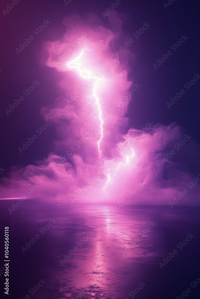 Misty purple fog illuminating a serene body of water at twilight