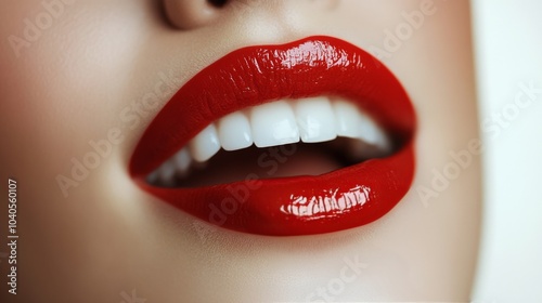 Close up view of a models lips featuring bold red lipstick with a glossy finish