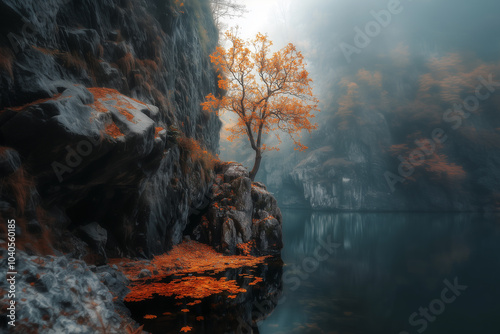 Jesienne widoki - Widok na góry i drzewo , odbicie w wodzie - 006