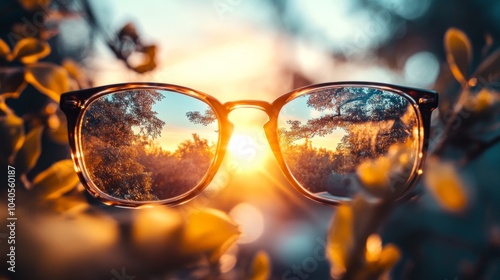 Sunset reflections in glasses surrounded by greenery at dusk, showcasing a beautiful natural landscape photo