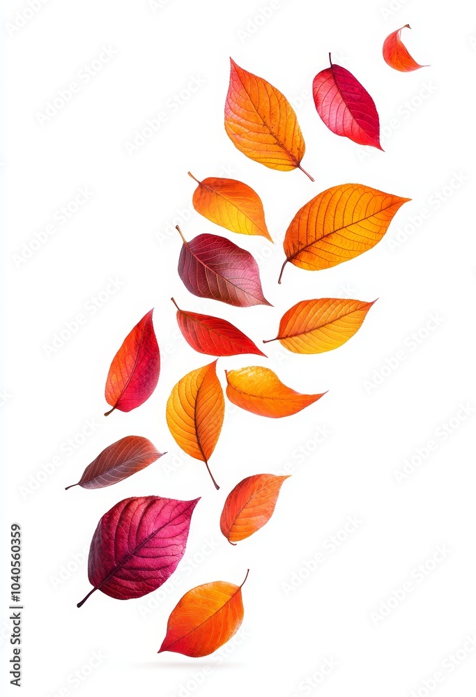 On a white background, autumn leaves fall from a maple tree.