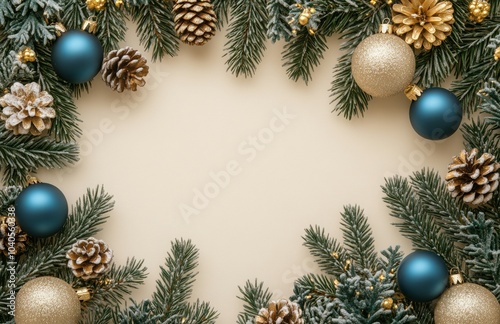 Decorative Christmas arrangement with blue and gold ornaments on a light text...