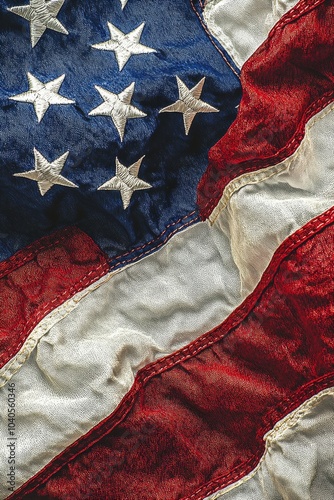 A close up view of an American flag displaying its stars and stripes on a tex...
